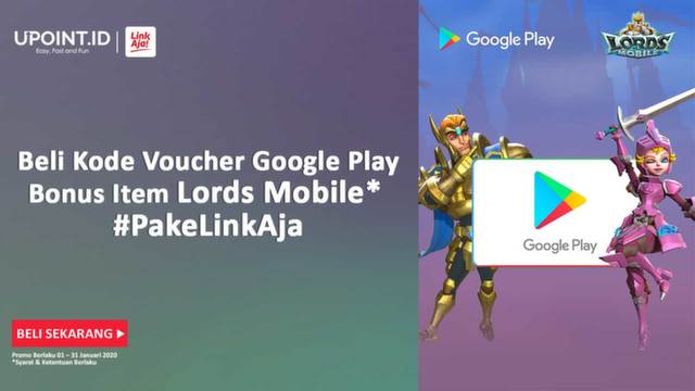 Beli Kode Voucher Google Play #pakeLinkAja, Dapet bonus item Lords Mobile
