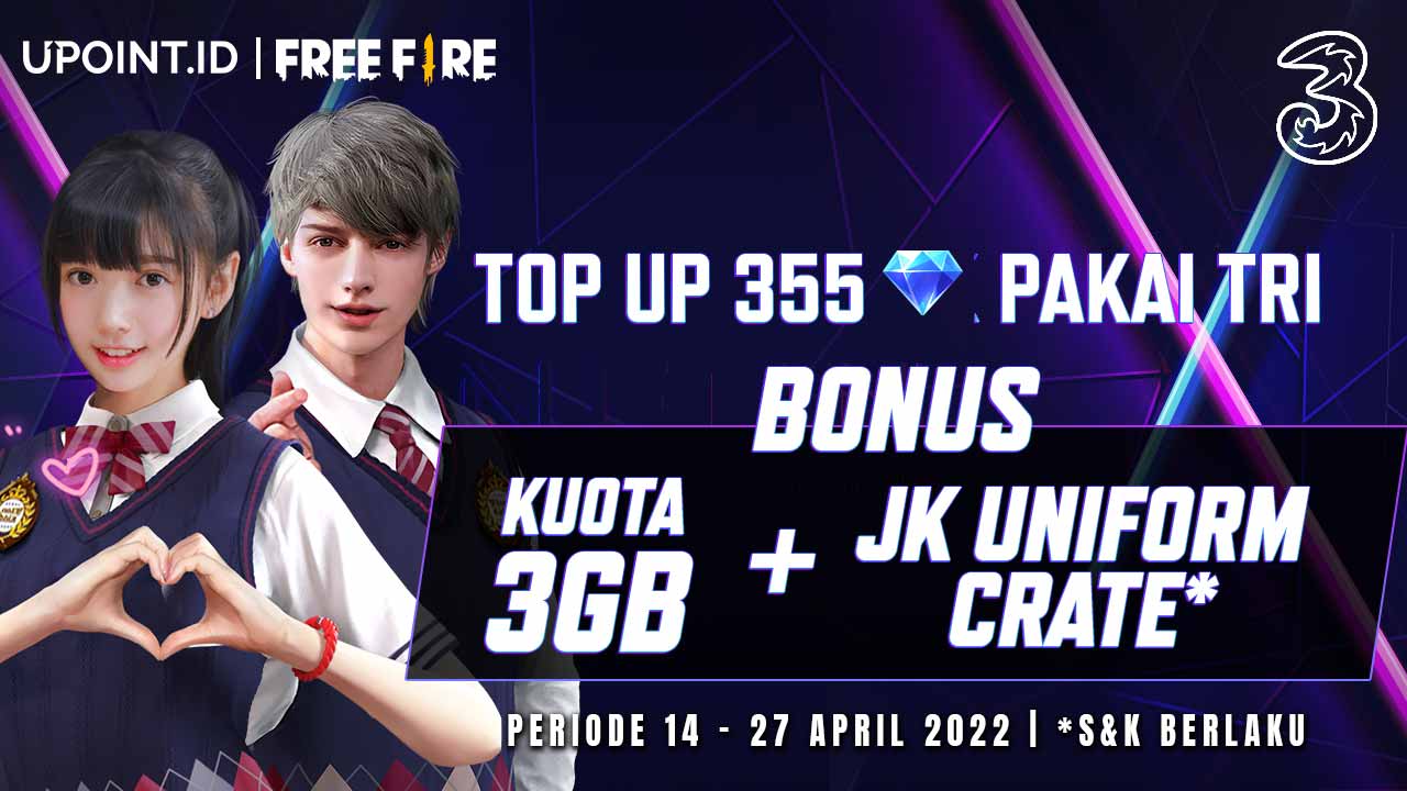 Bonus Spesial Item Free Fire dan Bonus Kuota 3 GB Hanya Top Up Diamonds Pakai Pulsa Tri