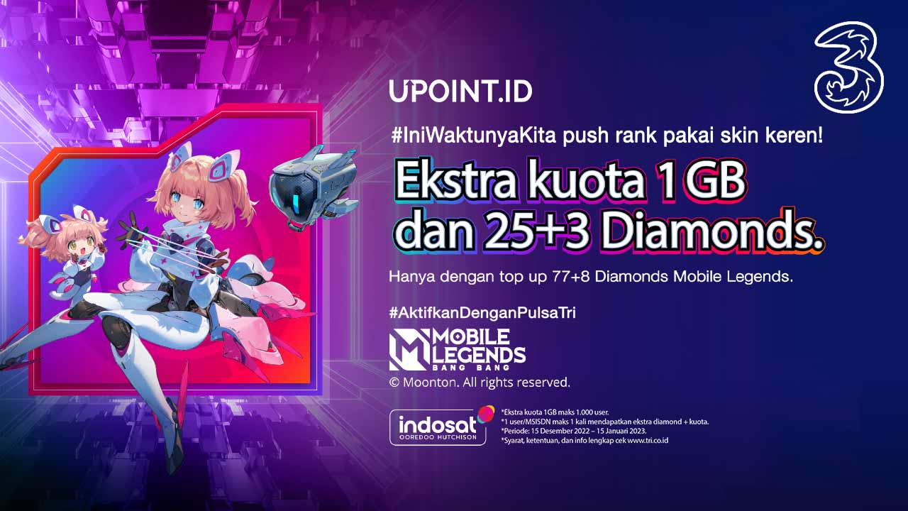 Bonus Kuota Tri 1 GB dan 25+3 Diamonds MLBB Hanya di UPOINT.ID