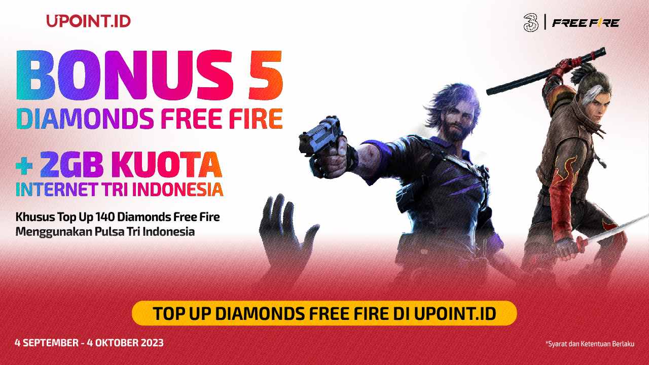 Top Up Diamonds Free Fire pakai Tri di UPOINT.ID Langsung Dapat Bonus Diamonds dan Kuota!