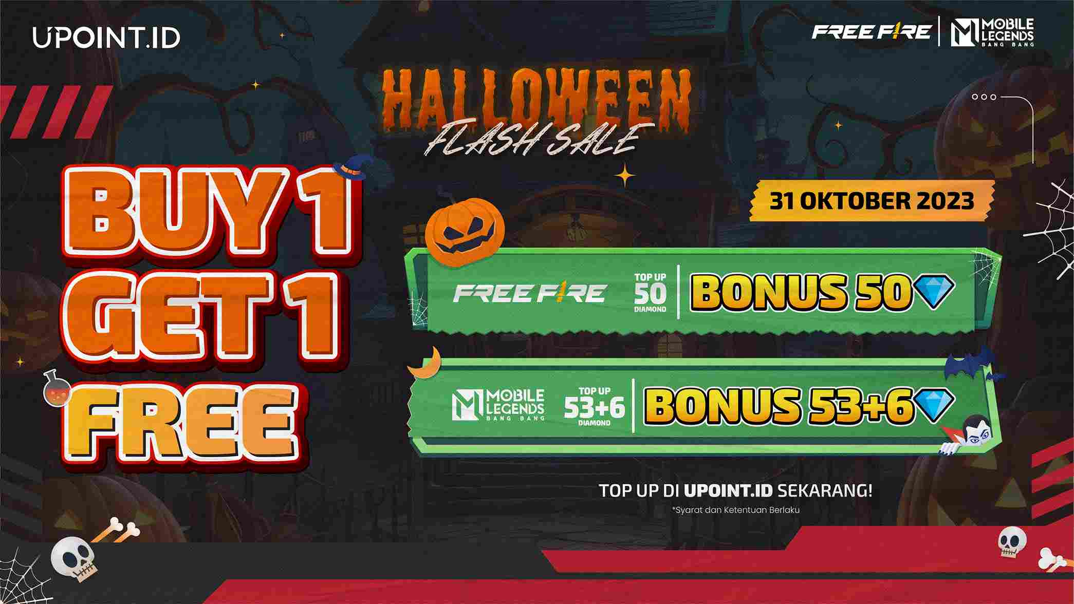 Promo Flash Sale Buy 1 Get 1 Free Diamonds Mobile Legends & Free Fire Hanya di UPOINT.ID!