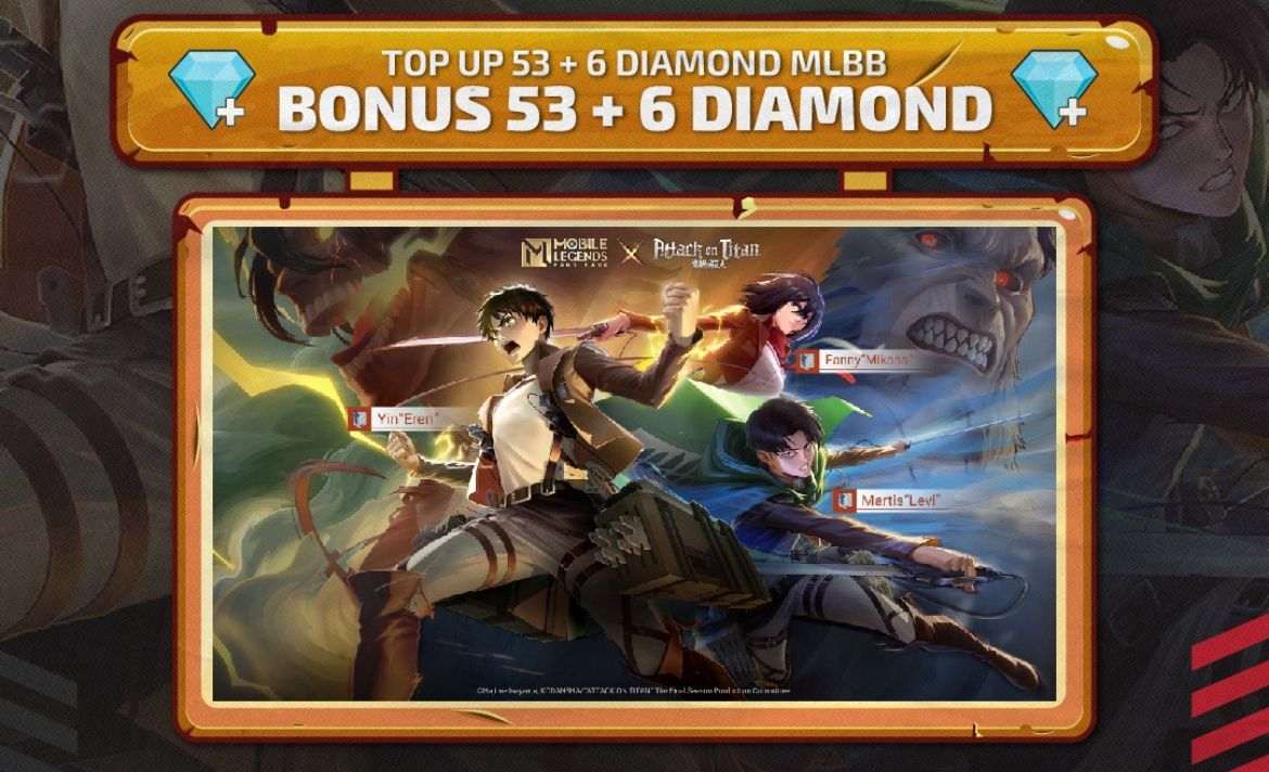 Buy 1 Get 1 Bonus 100% Diamonds MLBB Spesial Kolaborasi Attack on Titan hanya di UPOINT.ID!