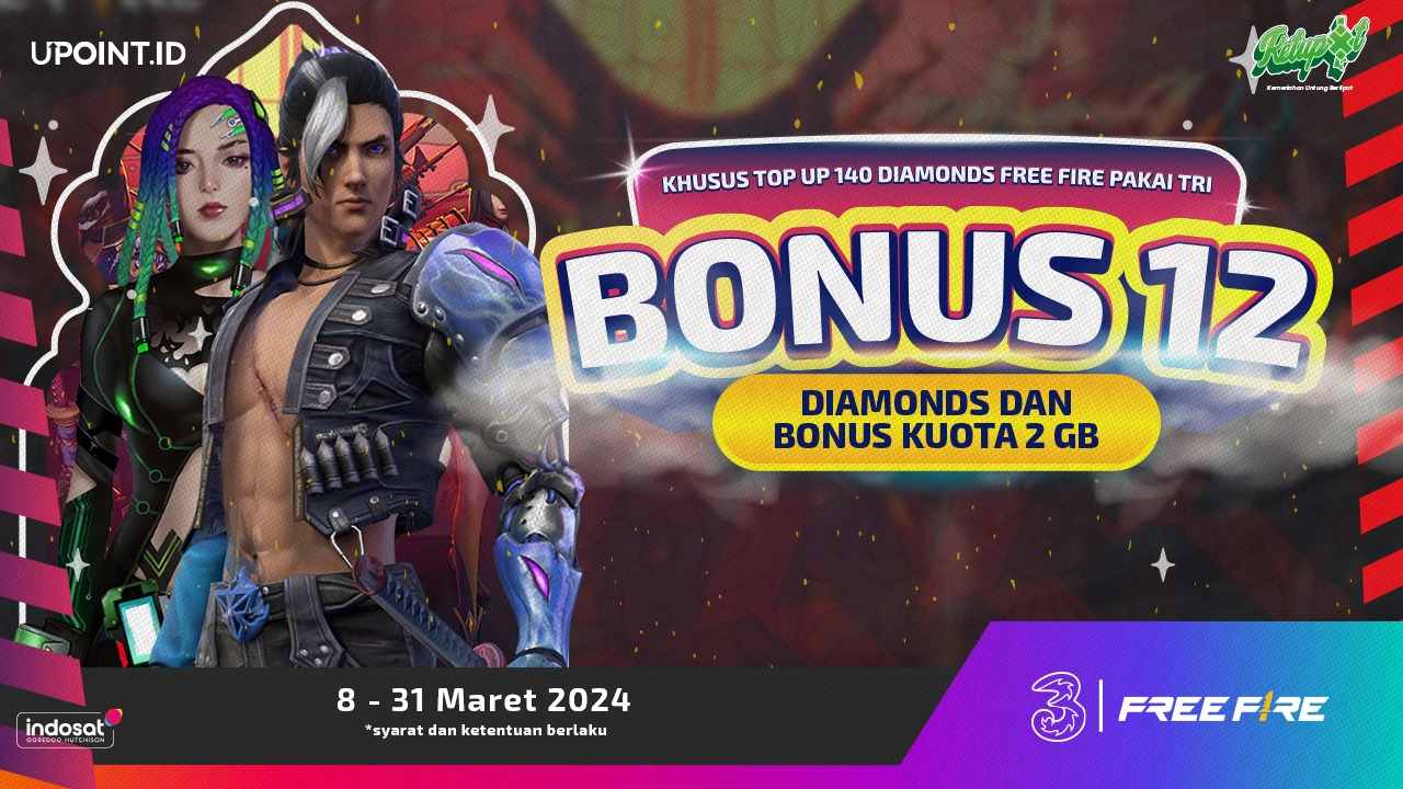 Promo Spesial! Bonus Diamonds Free Fire dan Kuota Internet Tri untuk Pembelian Pulsa di UPOINT.ID dan TriStore!