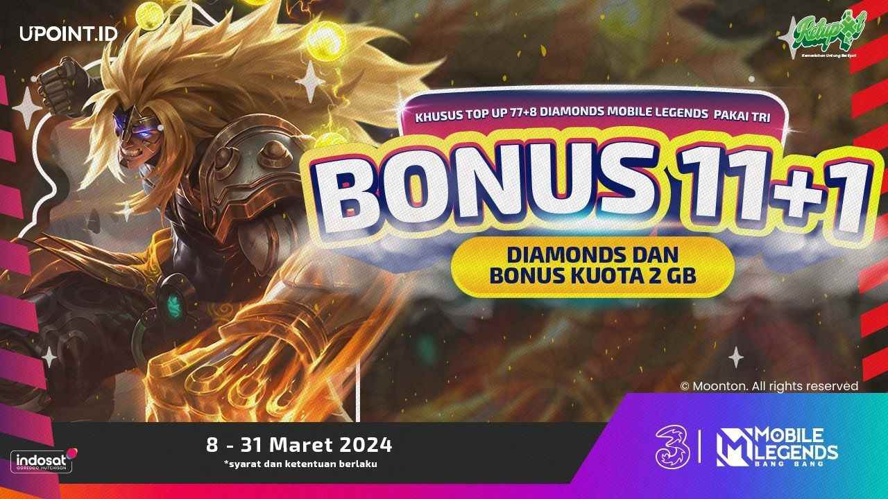 Promo Spesial! Bonus Diamonds Mobile Legends dan Kuota Internet Tri untuk Pembelian Pulsa di UPOINT.ID dan TriStore!