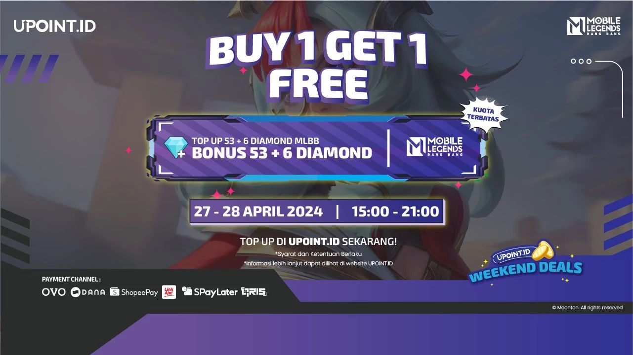 Promo Buy 1 Get 1 MLBB Balik Lagi! Nikmati Bonus 100% Diamonds MLBB hanya di UPOINT.ID!