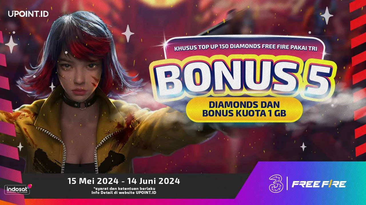 Dapatkan Bonus 5 Diamond dan Bonus Kuota 1 GB hanya dari Tri Indonesia untuk Free Fire di UPOINT.ID