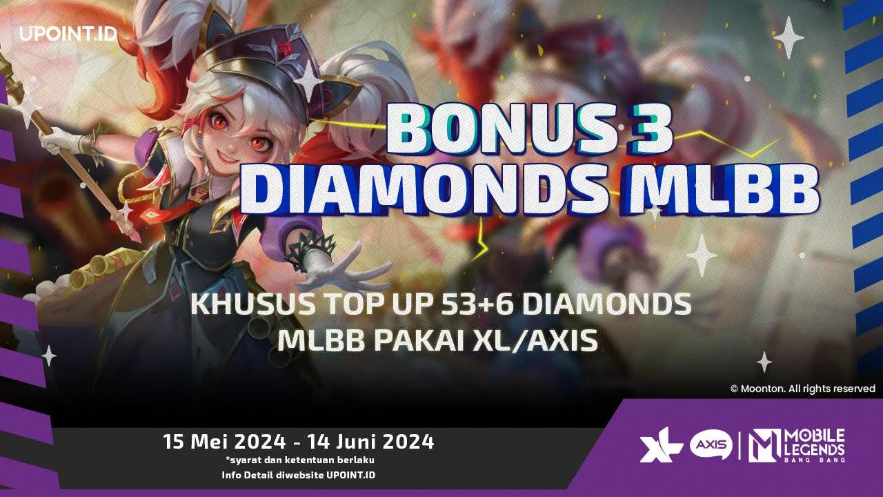 Bonus lagi dari XL / Axis untuk untuk pembelian Denom 53+6 Diamond Mobile Legends di UPOINT.ID!