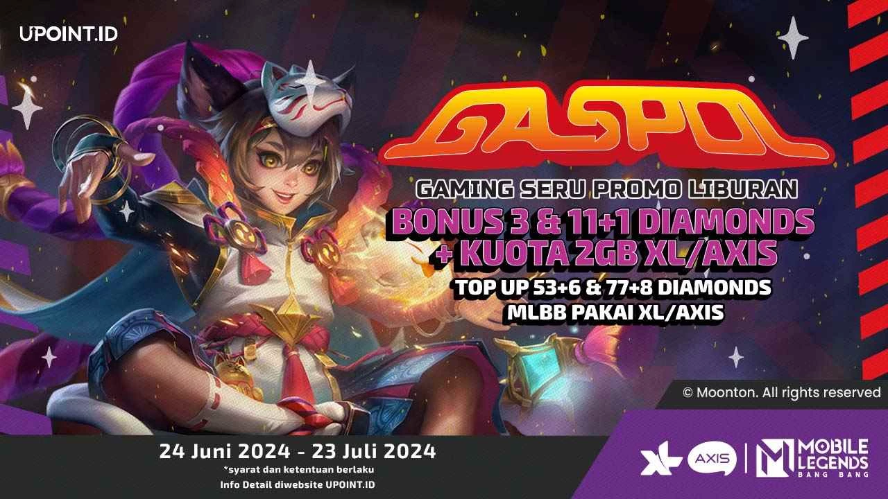 GASPOL! Dapatkan Bonus 3 dan 11+1 Diamonds Plus Kuota Internet 2 GB setiap Pembelian Diamonds untuk Mobile Legends Menggunakan XL/Axis di UPOINT.ID!