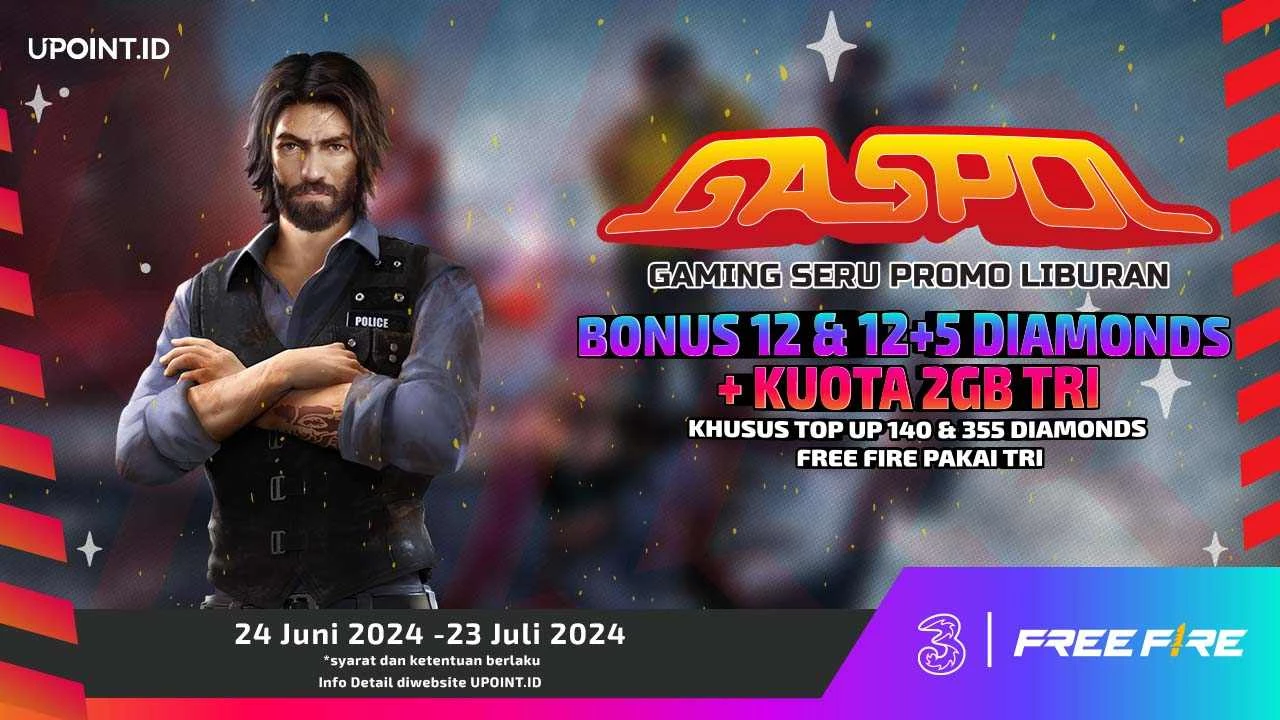 GASPOL! Dapatkan Bonus 12 dan 12+5 Diamonds Plus Kuota Internet 2 GB setiap Pembelian Diamonds Free Fire Mengguanak Pulsa Tri di UPOINT.ID!