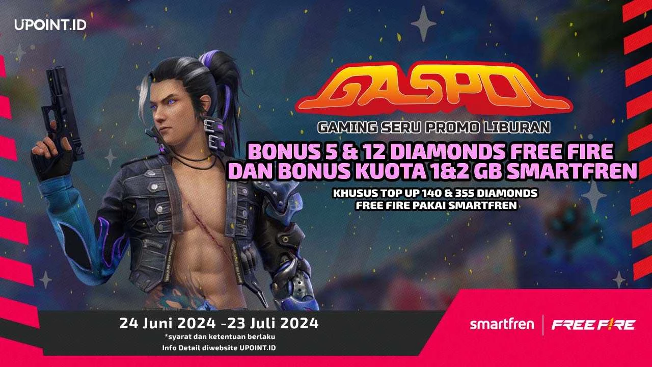 GASPOL! Dapatkan Bonus 5 dan 12 Diamonds Plus Kuota Internet 1 dan 2 GB setiap Pembelian Diamonds untuk Free Fire di UPOINT.ID!