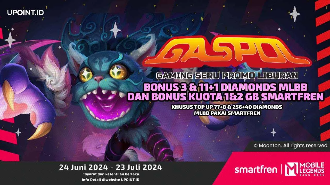 Promo Smartfren x UPOINT.ID: Libur Sekolah! Dapatkan Bonus 3 dan 11+1 Diamonds Plus Kuota Internet 1 dan 2 GB setiap Pembelian Diamonds untuk Mobile Legends di UPOINT.ID!