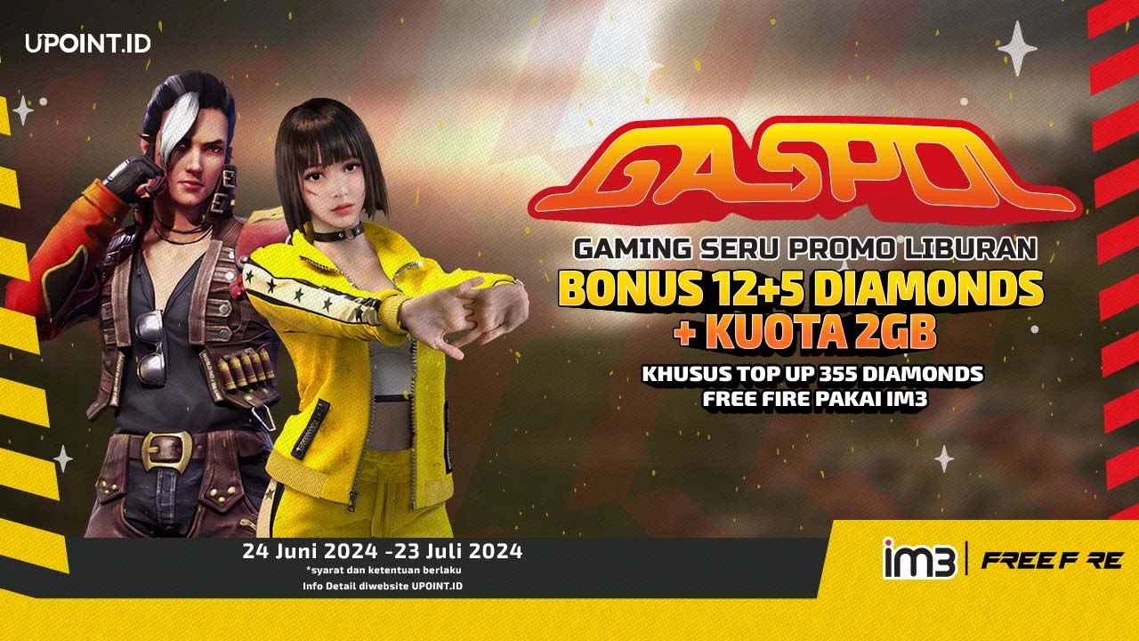 GASPOL Indosat x UPOINT.ID: Libur Sekolah! Dapatkan Bonus 12+5 Diamonds Plus Kuota Internet 2 GB setiap Pembelian Diamonds untuk Free Fire di UPOINT.ID!