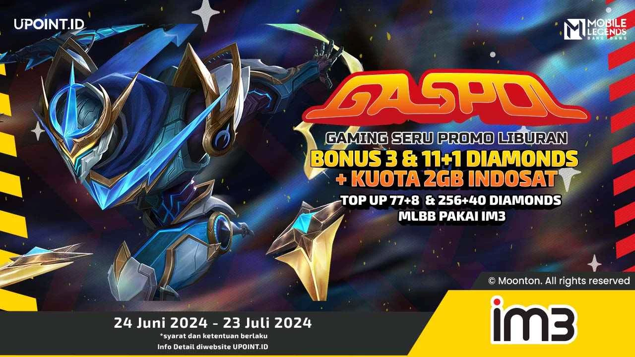 Promo Indosat x UPOINT.ID: Libur Sekolah! Dapatkan Bonus 3 dan 11+1 Diamonds Plus Kuota Internet 2 GB setiap Pembelian Diamonds untuk Mobile Legends di UPOINT.ID!