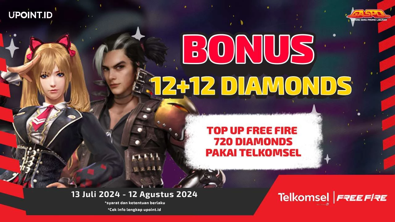 Bonus 12 dan 12 + 12 Diamonds Free Fire Buat Kamu yang Top Up 355 & 720 Diamonds Free Fire Pakai Telkomsel di UPOINT.ID!