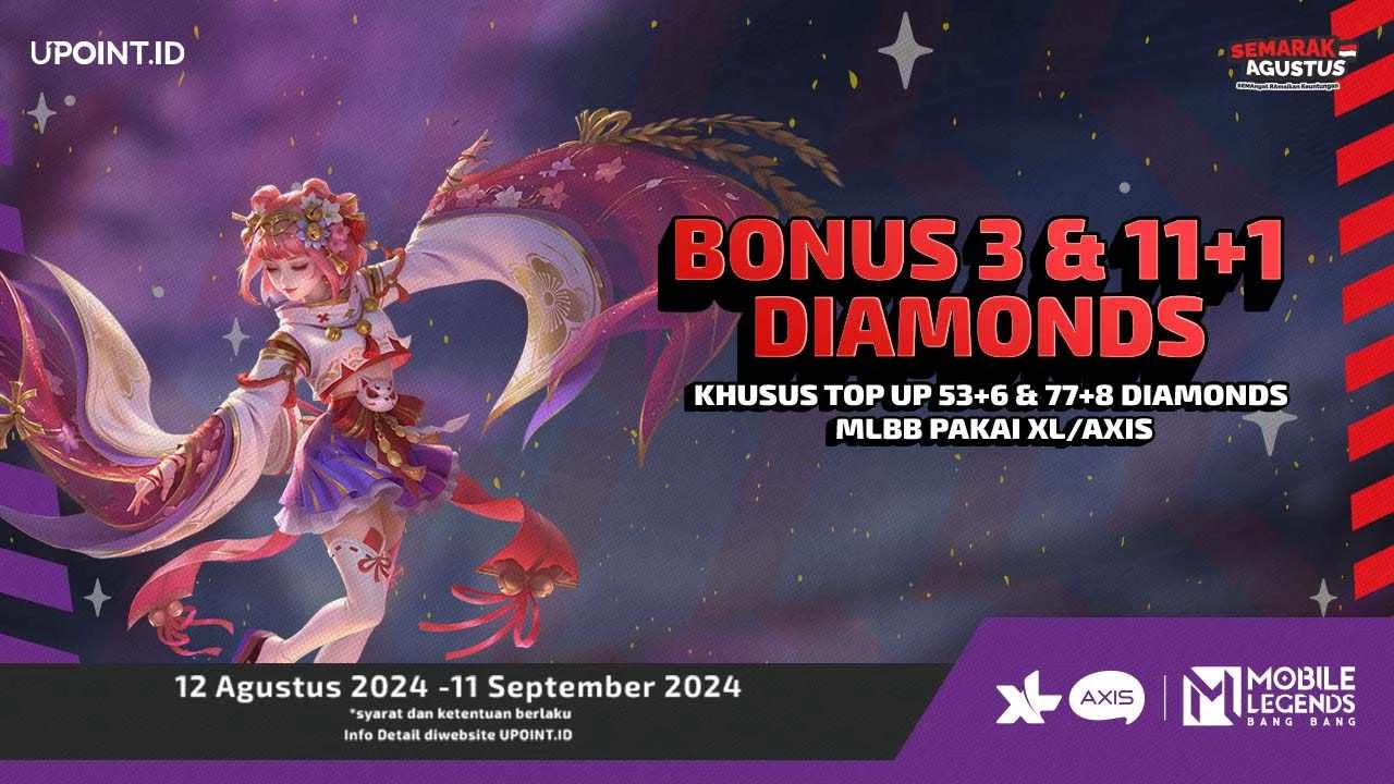 Special Agustus Dapatkan Bonus 3 dan 11+1 Diamonds setiap Pembelian Diamonds untuk Mobile Legends di UPOINT.ID!