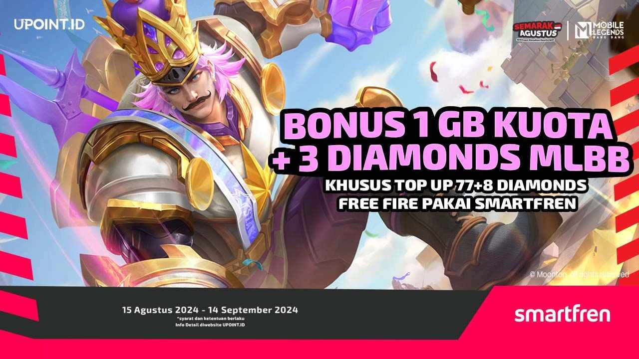 Semarak Agustus! Dapatkan Bonus 3 Diamonds Plus Kuota Internet setiap Pembelian 77+8 diamonds Diamonds pakai Smartfren untuk Mobile Legends di UPOINT.ID!