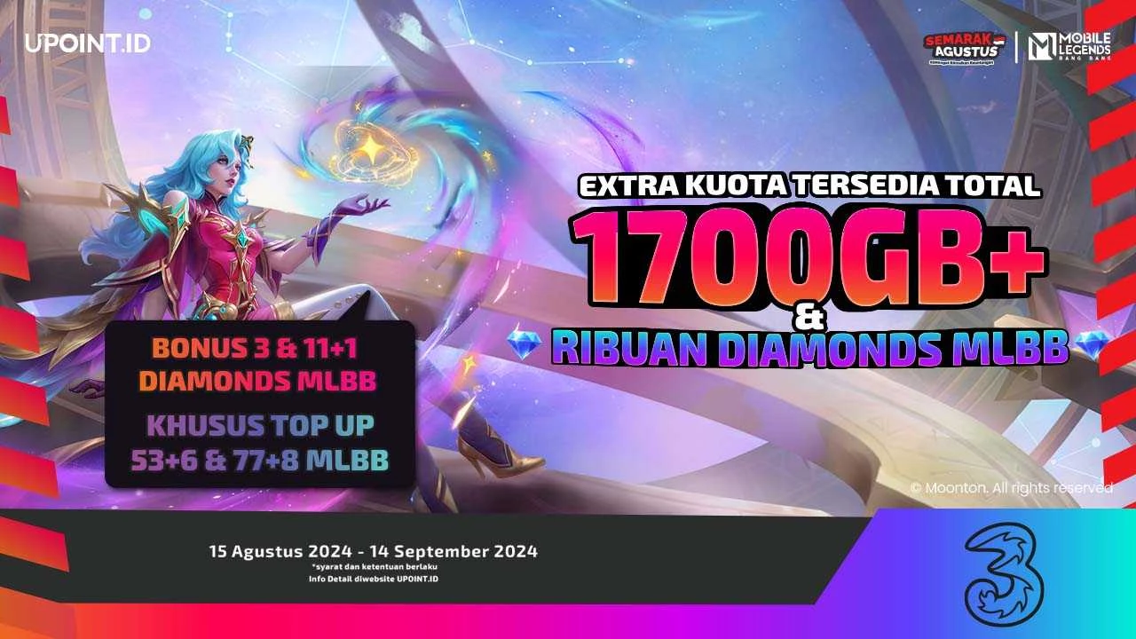 Semarak Agustus! Dapatkan Bonus 3 dan 11+1 Diamonds Plus Kuota Internet setiap Pembelian Diamonds untuk Mobile Legends Menggunakan Tri di UPOINT.ID!