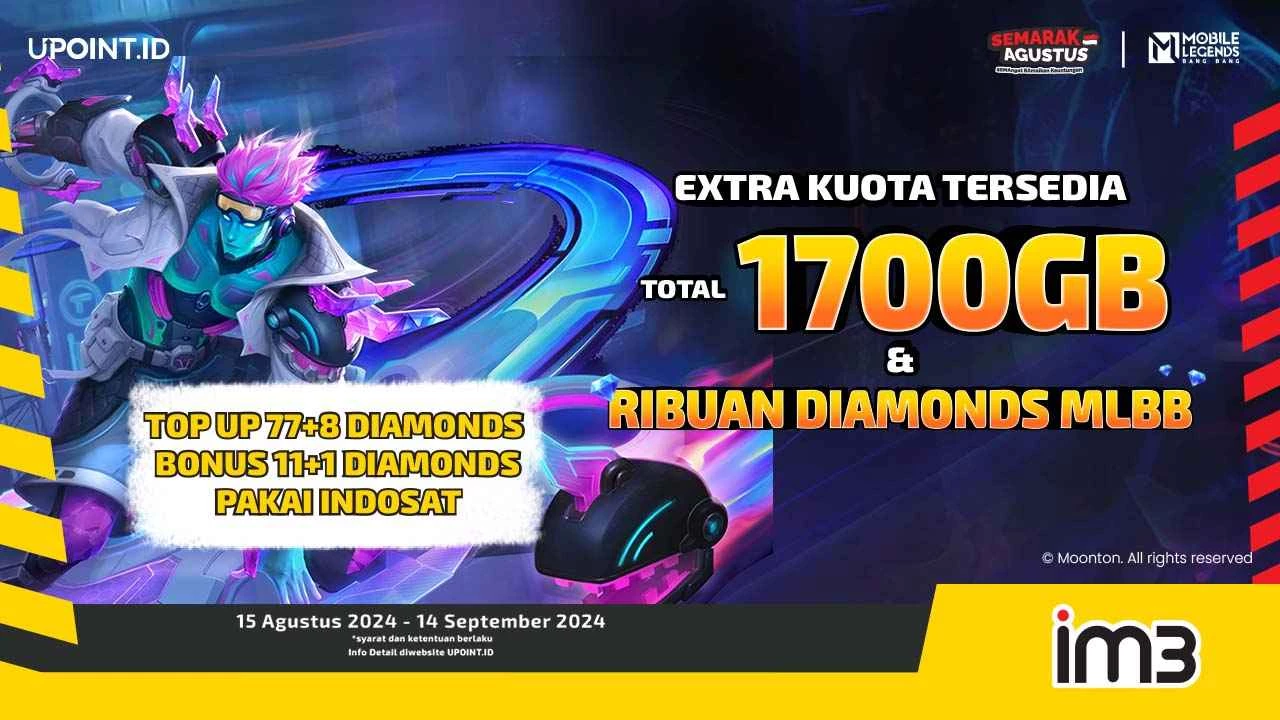 Semarak Agustus! Dapatkan Bonus 11+1 Diamonds Plus Kuota Internet setiap Pembelian 77+8 diamonds Diamonds untuk Mobile Legends di UPOINT.ID!