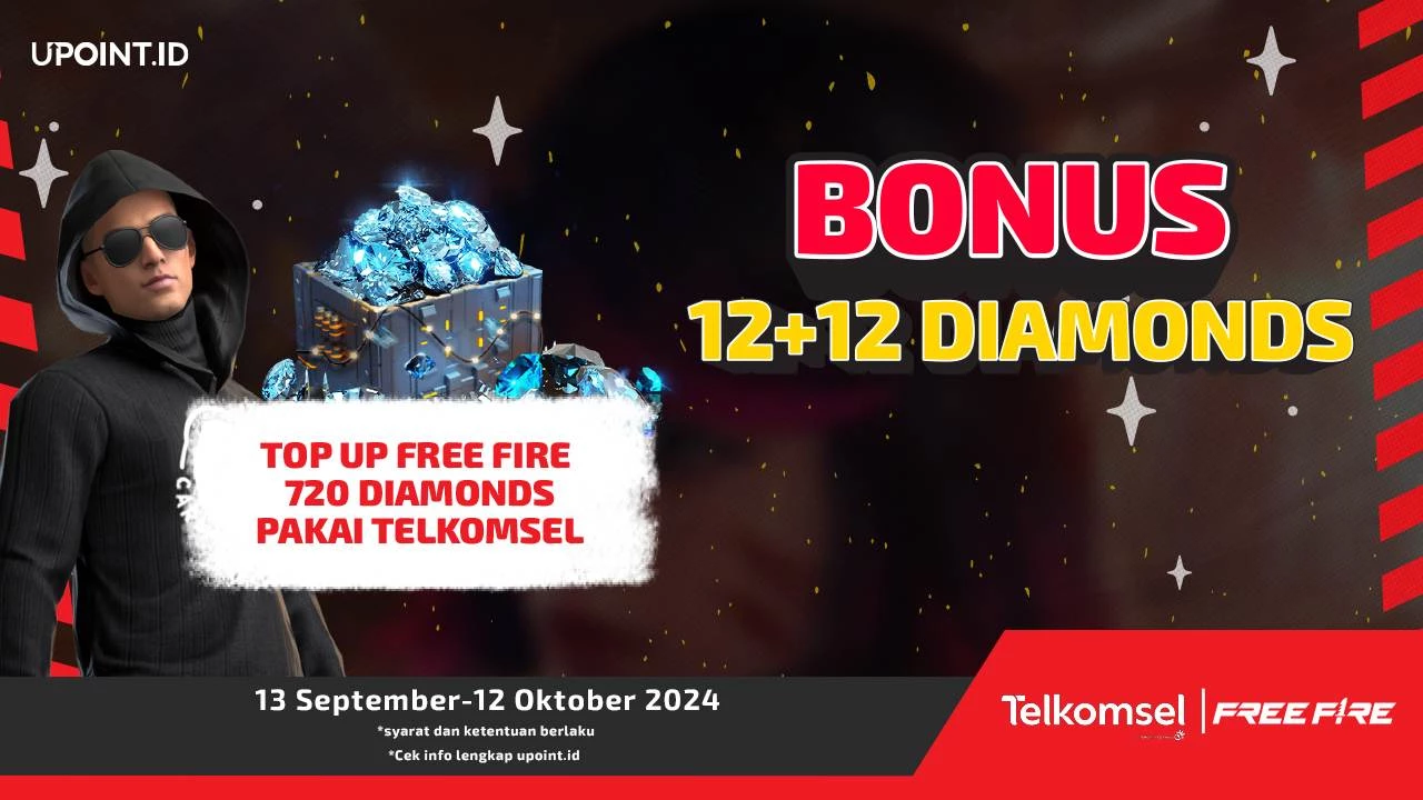 Telkomsel x UPOINT.ID: Promo Flash Sale! Dapatkan Bonus 12+12 Diamonds Setiap Pembelian Diamonds untuk Game Free Fire di UPOINT.ID!