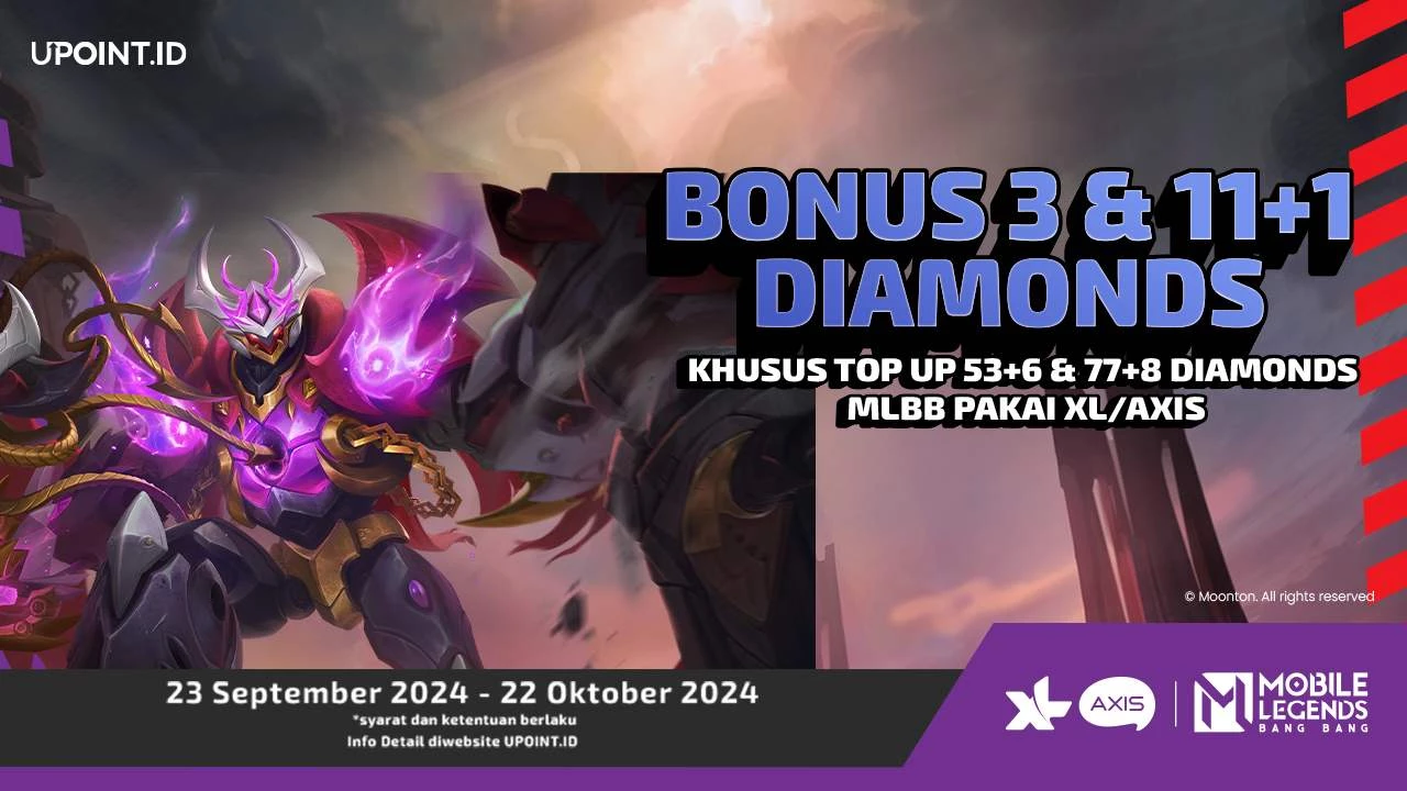 XL/Axis x UPOINT.ID: Promo September Collaboration! Dapatkan Bonus 3 dan 11+1 Diamonds Setiap Pembelian Diamonds untuk Game Mobile Legends di UPOINT.ID!