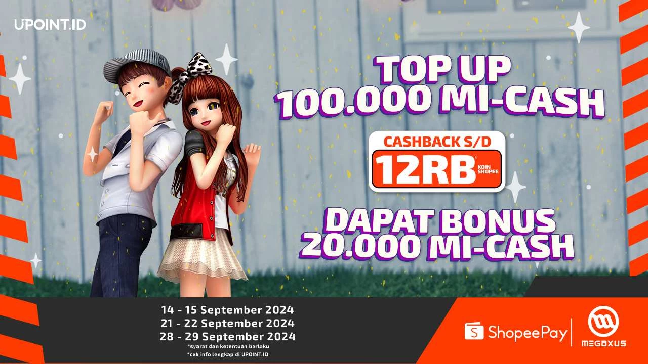 Bonus Bulan September 20.000 MI-Cash dan Cashback Sampai dengan 12RB Koin Shopee untuk Pembelian Voucher Megaxus di UPOINT.ID!