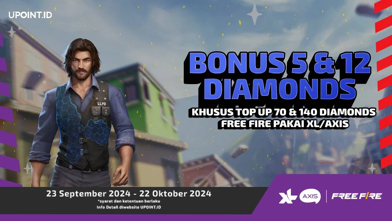 XL/Axis x UPOINT.ID: Promo September Collaboration! Dapatkan Bonus 5 dan 12 Diamonds Setiap Pembelian Diamonds untuk Game Free Fire di UPOINT.ID!