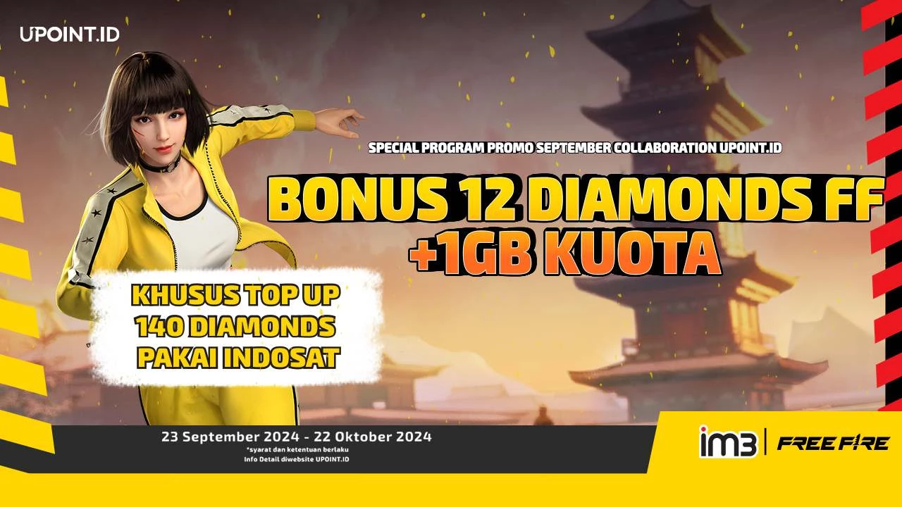 Indosat x UPOINT.ID: Promo September Collaboration! Dapatkan Bonus 12 Diamonds dan Kuota Internet IM3 1 GB Setiap Pembelian Diamonds untuk Game Free Fire di UPOINT.ID!