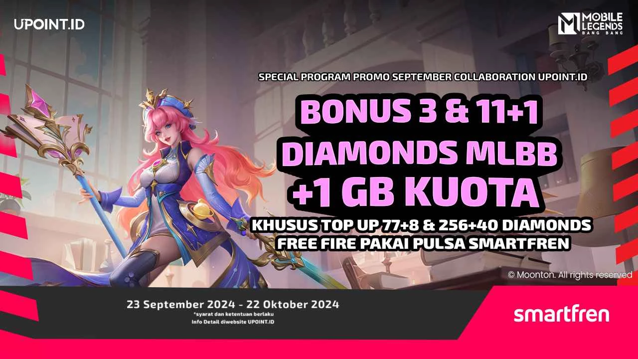 Promo September! Dapatkan Bonus 3 dan 11+1 Diamonds dan Kuota Internet Smartfren 1 GB Setiap Pembelian Diamonds untuk Game Mobile Legends di UPOINT.ID!