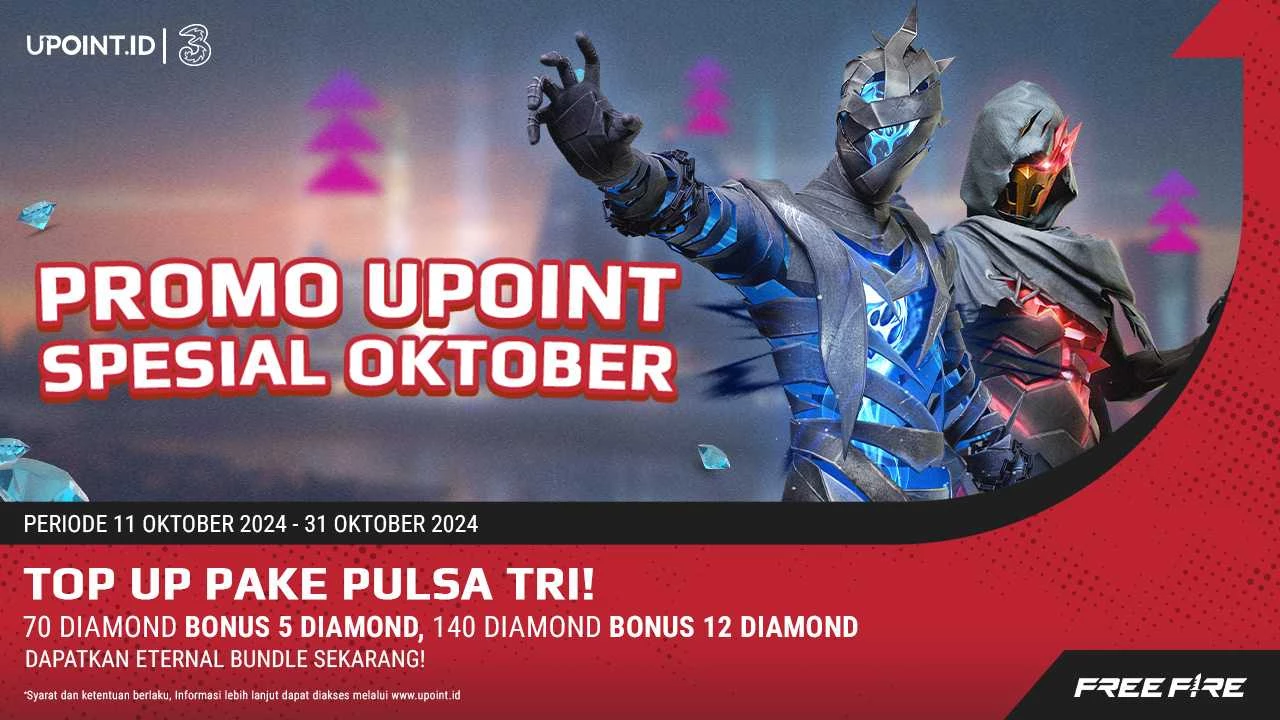 Tri x UPOINT.ID: Promo Oktober! Dapatkan Bonus 5 Diamonds dan 12 Diamonds Plus Kuota Internet Tri 1 GB Setiap Pembelian Diamonds untuk Game Free Fire di UPOINT.ID!