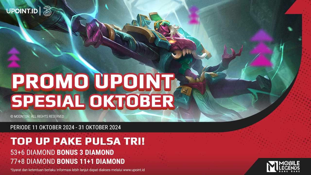 Tri x UPOINT.ID: Promo Oktober! Dapatkan Bonus 3 Diamonds dan 11+1 Diamonds Plus Kuota Internet Tri 1 GB Setiap Pembelian Diamonds untuk Game Mobile Legends di UPOINT.ID!