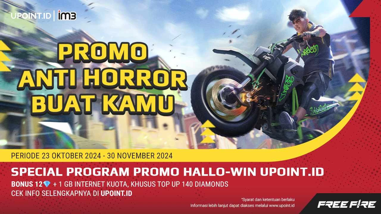 Indosat x UPOINT.ID: Promo Hallo-Win! Dapatkan Bonus 12 Diamonds dan Kuota Internet 1GB Setiap Pembelian Diamonds untuk Game Free Fire di UPOINT.ID!