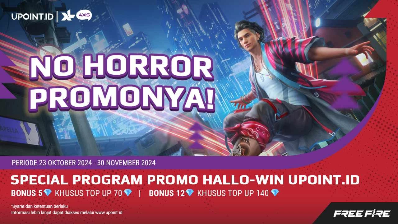 XL/Axis x UPOINT.ID: Promo Hallo-Win! Dapatkan Bonus 5 Diamonds dan 12 Diamonds Setiap Pembelian Diamonds untuk Game Free Fire di UPOINT.ID!