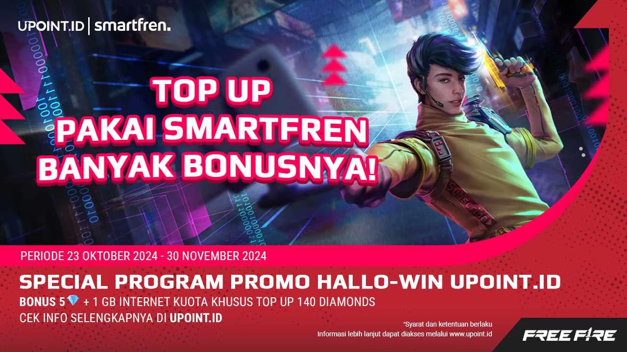 Smartfren x UPOINT.ID: Promo Hallo-Win! Dapatkan Bonus 5 Diamonds dan Kuota Internet 1GB Setiap Pembelian Diamonds untuk Game Free Fire di UPOINT.ID!