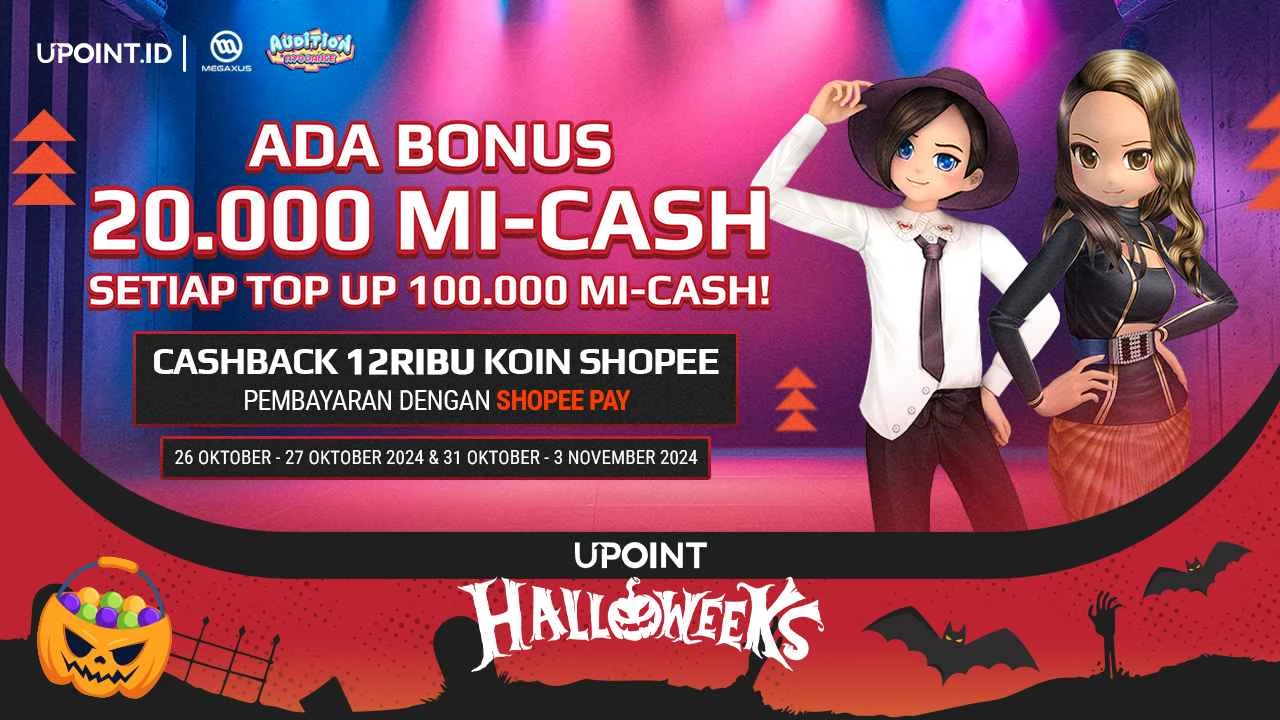 Spesial Halloween! Bonus 20.000 MI-Cash dan Cashback Sampai dengan 12RB Koin Shopee untuk Pembelian Voucher Megaxus di UPOINT.ID!