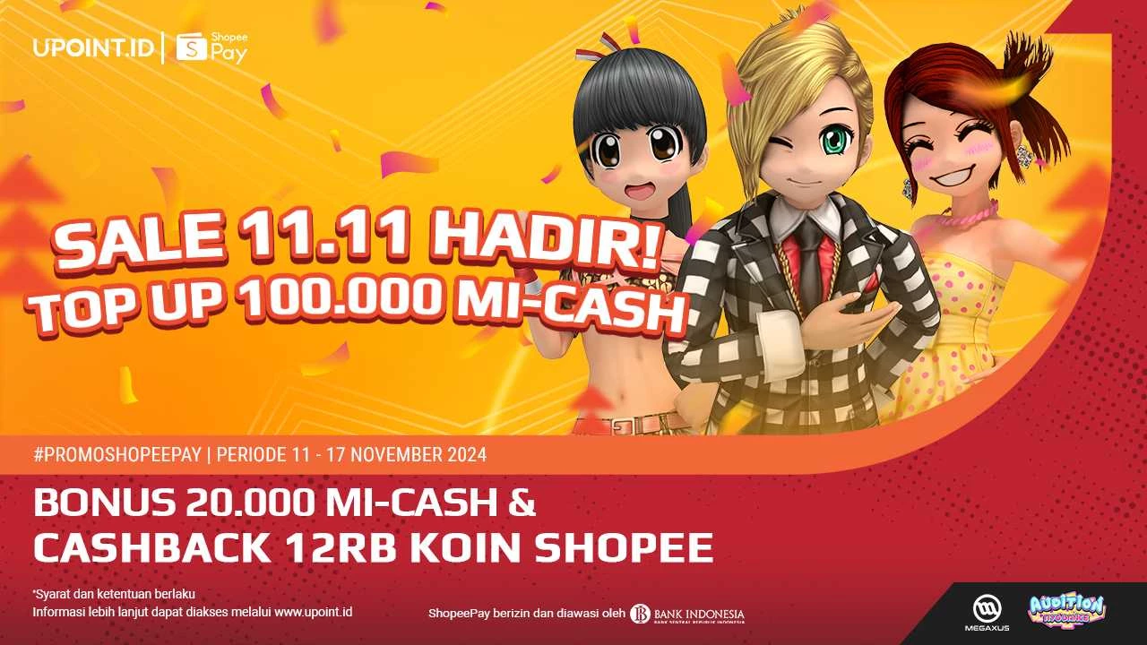 Spesial 11.11! Bonus 20.000 MI-Cash dan Cashback Sampai dengan 12RB Koin Shopee untuk Pembelian Voucher Megaxus di UPOINT.ID!