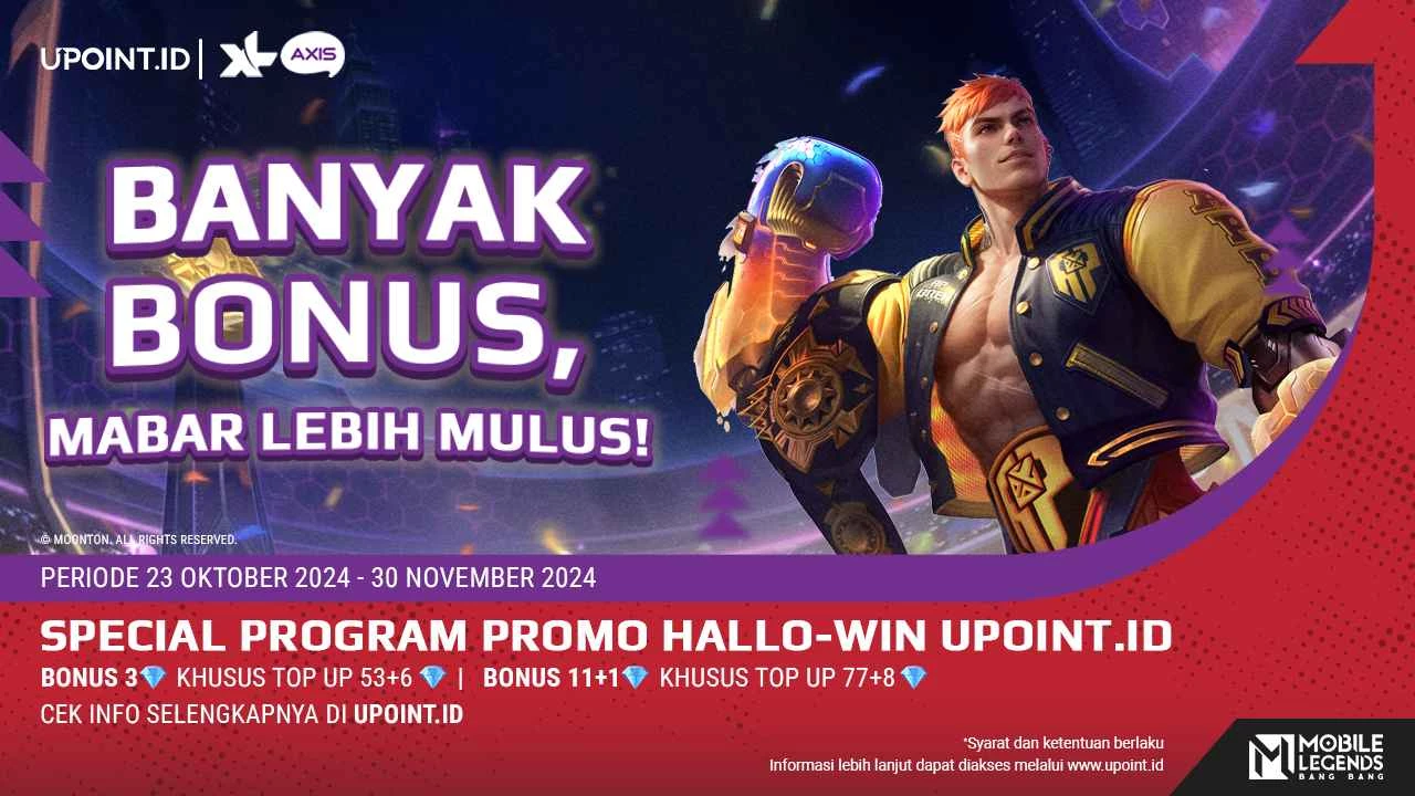 XL/Axis x UPOINT.ID: Promo Hallo-Win! Dapatkan Bonus 3 Diamonds dan 11+1 Diamonds Setiap Pembelian Diamonds untuk Game Mobile Legends di UPOINT.ID!