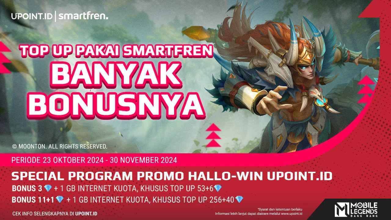 Smartfren x UPOINT.ID: Promo Hallo-Win! Dapatkan Bonus 3 Diamonds dan 11+1 Diamonds Plus Kuota Internet 1GB Setiap Pembelian Diamonds untuk Game Mobile Legends di UPOINT.ID!