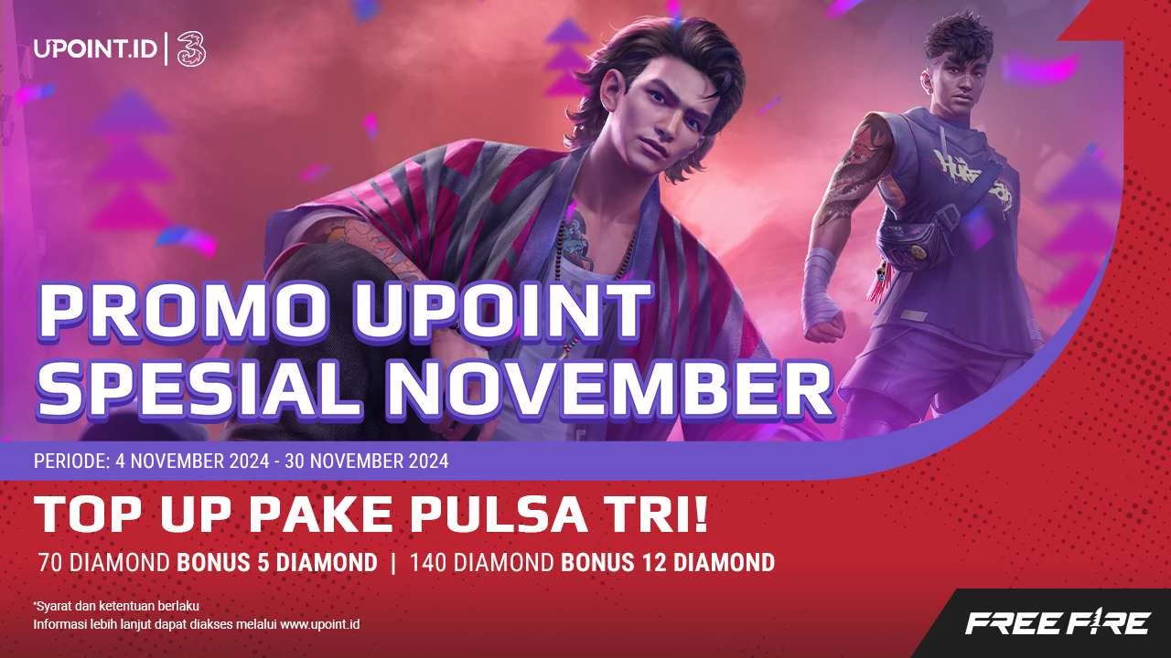 Tri x UPOINT.ID: Promo November! Dapatkan Bonus 5 Diamonds dan 12 Diamonds Plus Kuota Internet Tri 1 GB Setiap Pembelian Diamonds untuk Game Free Fire di UPOINT.ID!