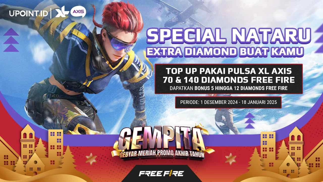 XL/AXIS x UPOINT.ID: Promo Natal dan Tahun Baru! Dapatkan Bonus 5 Diamonds dan 12 Diamonds Setiap Pembelian Diamonds untuk Game Free Fire di UPOINT.ID!