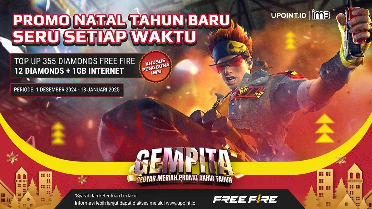 IM3 x UPOINT.ID: Promo Natal dan Tahun Baru! Dapatkan Bonus 12 Diamonds dan Kuota Internet IM3 1 GB Setiap Pembelian Diamonds untuk Game Free Fire di UPOINT.ID!