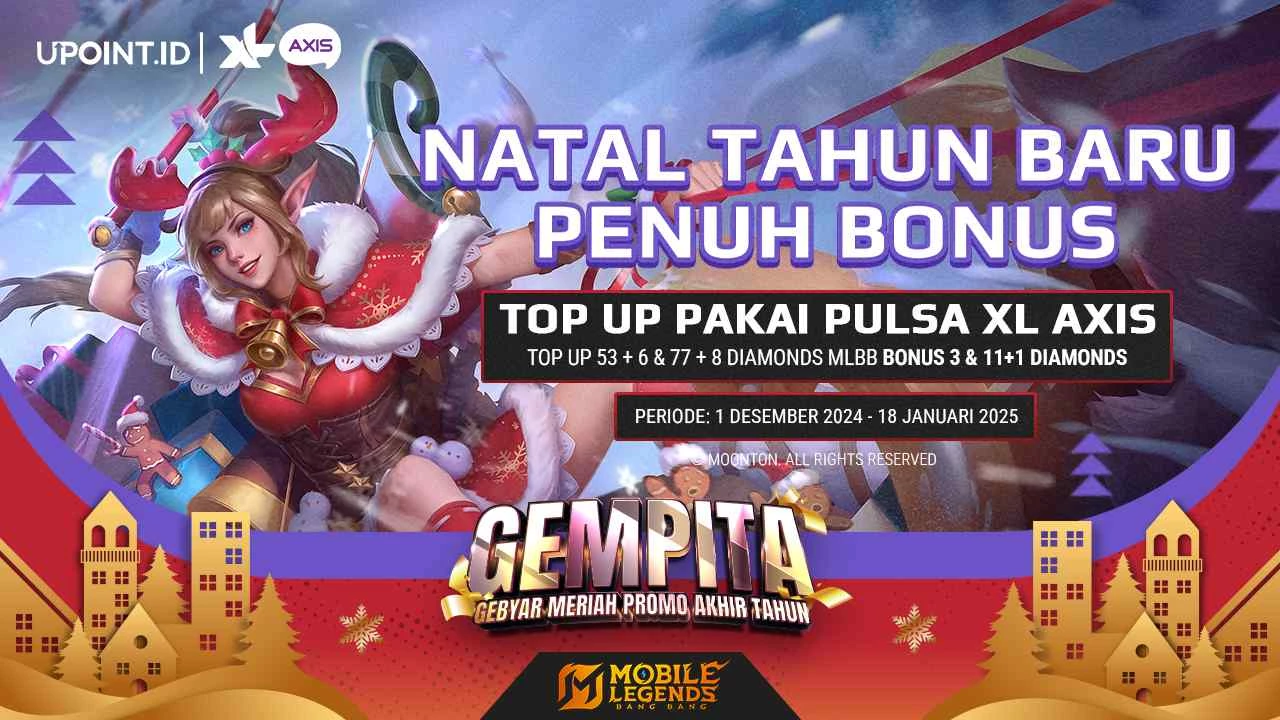 XL/AXIS x UPOINT.ID: Promo Natal dan Tahun Baru! Dapatkan Bonus 5 Diamonds dan 12 Diamonds Setiap Pembelian Diamonds untuk Game Free Fire di UPOINT.ID!