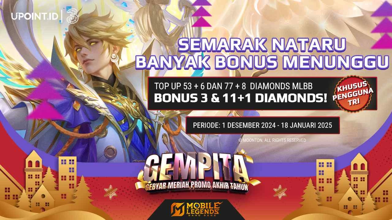 Tri x UPOINT.ID: Promo Natal dan Tahun Baru! Dapatkan Bonus 3 dan 11+1 Diamonds dan Kuota Internet Tri 1 GB Setiap Pembelian Diamonds untuk Game Mobile Legends di UPOINT.ID!