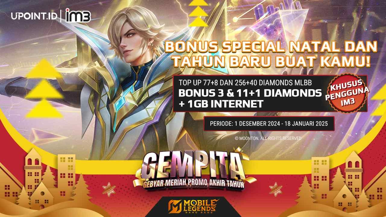 IM3 x UPOINT.ID: Promo Natal dan Tahun Baru! Dapatkan Bonus 3 Diamonds dan 11+1 Diamonds Plus Kuota Internet IM3 1 GB Setiap Pembelian Diamonds untuk Game Mobile Legends di UPOINT.ID!