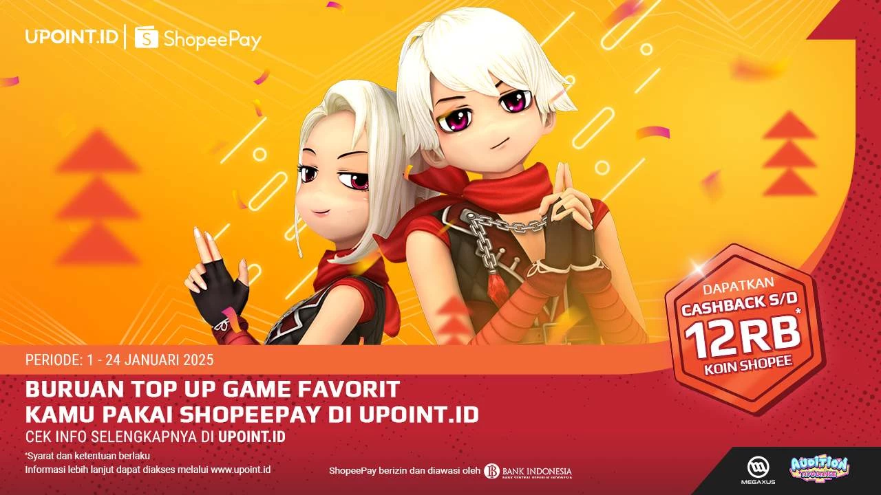 Promo ShopeePay x UPOINT.ID: Dapatkan Cashback hingga 12.000 Koin Shopee untuk Pengguna Baru maupun Pengguna Setia ShopeePay setiap Pembelian Diamonds untuk Game Apapun di UPOINT.ID!