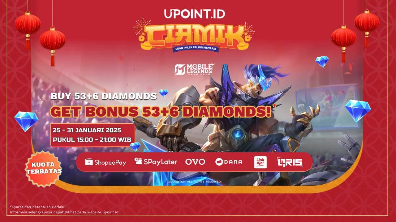 Promo CIAMIK Januari: Buy 1 Get 1! Beli 53+6 Diamonds pasti dapat Tambahan 53+6 Diamonds untuk Game MLBB di UPOINT.ID!