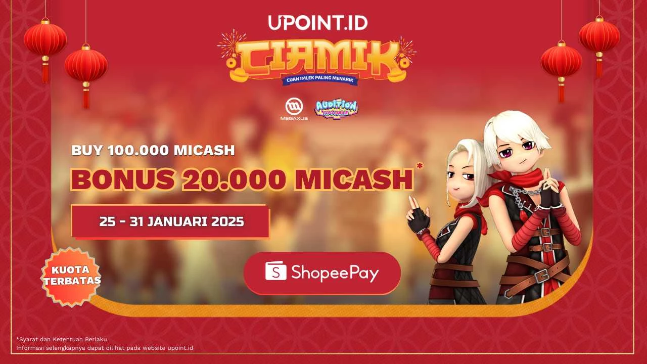 Promo CIAMIK Januari: Beli 100.000 MI-Cash dan Dapatkan Bonus Cashback Hingga 12.000 Koin Shopee Plus Bonus Voucher 20.000 MI-Cash untuk Game AyoDance di UPOINT.ID!