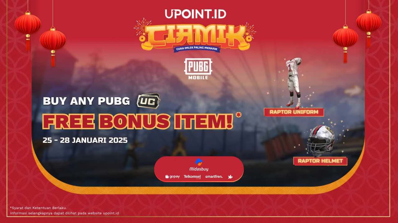 Promo CIAMIK Januari: Beli Berapapun UC PUBGM dapatkan Bonus Voucher Item Seragam Raptor & Helm Raptor PUBGM untuk Game PUBGM di UPOINT.ID!