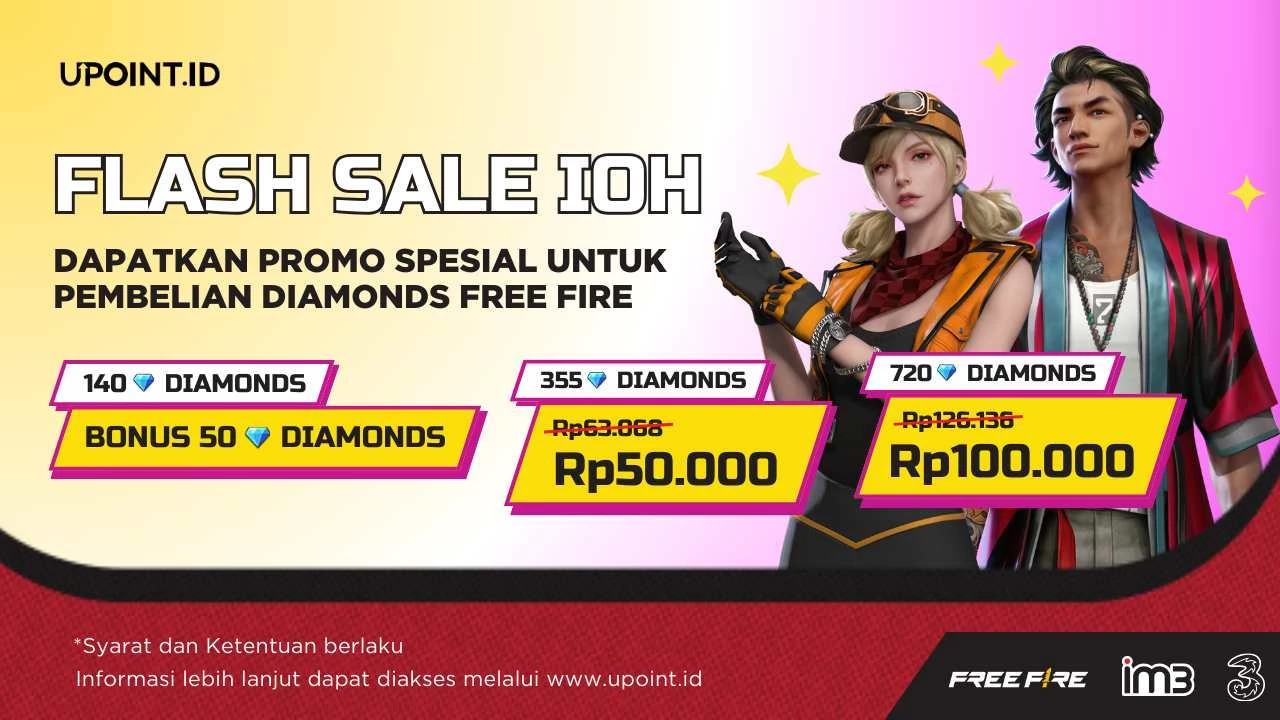 Promo FLASH SALE UPOINT.ID & H3ROStore! Dapatkan Bonus 50 Diamonds dalam bentuk Voucher dan Diskon Hingga Rp26.000 Diamonds menggunakan Pulsa Tri atau H3ROStore untuk Game Free Fire di UPOINT.ID!