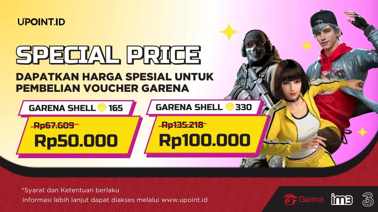 Promo FLASH SALE UPOINT.ID & H3ROStore! Diskon Hingga Rp35.000 Voucher Garena menggunakan Pulsa Tri atau H3ROStore di UPOINT.ID!