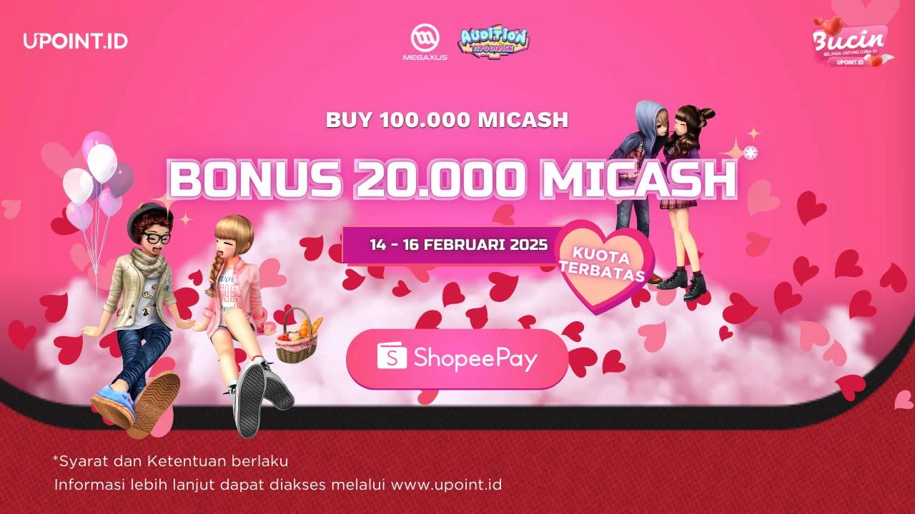SpecialValentine! Bonus 20.000 MI-Cash dan Cashback Sampai dengan 12RB Koin Shopee untuk Pembelian Voucher Megaxus di UPOINT.ID!